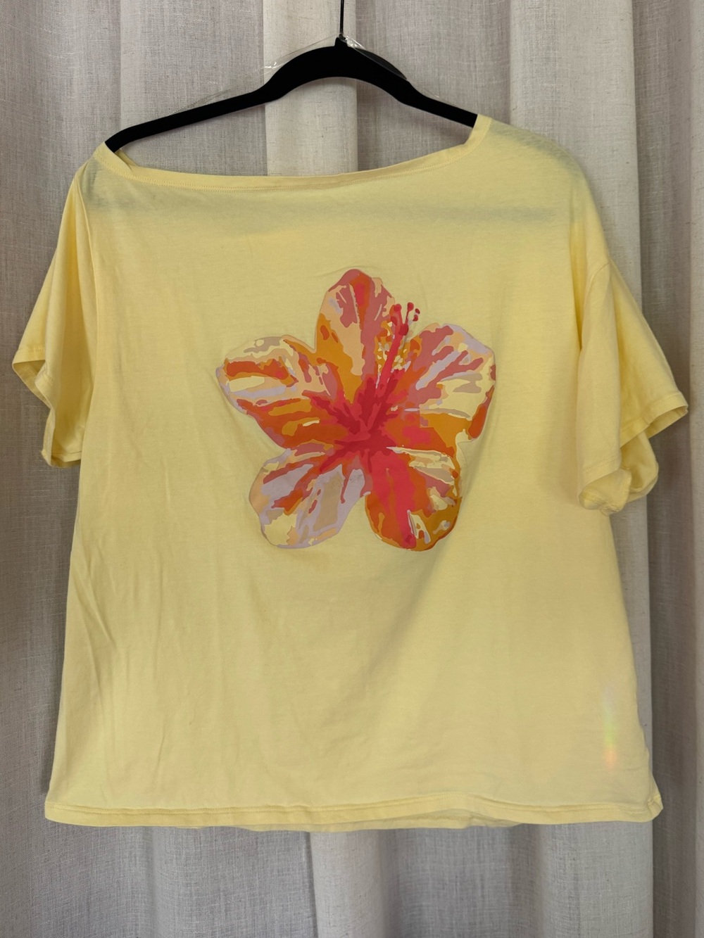 Off Shoulder Asymmetrical Butter Yellow Tee with Pink-Orange Hibiscus Bloom XS